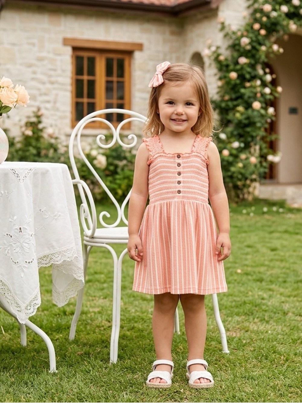 Roxy Girl Size 5 Peach White Stripe Smocked Sundress Beach Boho